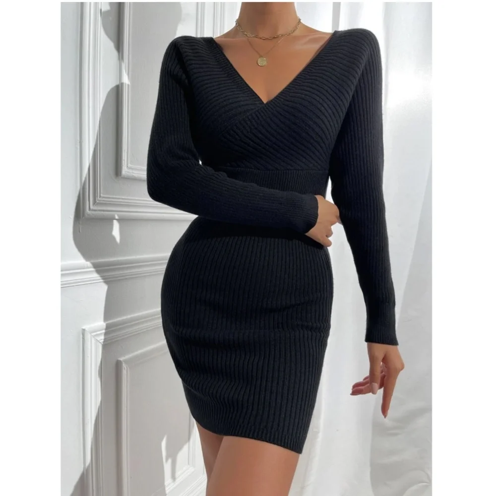 Black Off Shoulder V-Neck Rib Knit Sweater Mini Short Dress Long Sleeve - Picture 8 of 9